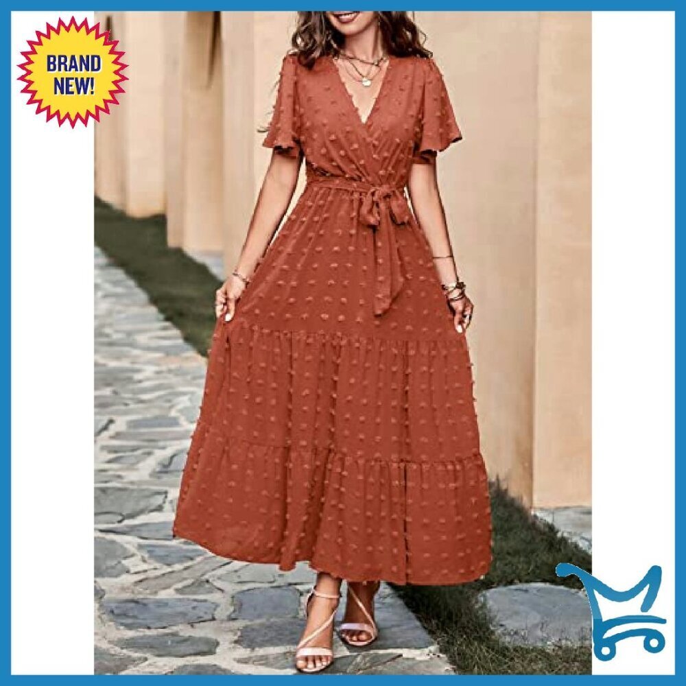 Swiss Dot Maxi Dress Wrap V Neck Flutter Sleeve Boho Wedding Guest - Picture 4 of 8